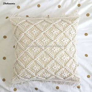 Handmade 18x18 Inch Cotton Macrame Pillow Cover Solid Pattern Sustainable Decorative <b>Cushion</b> for Home or Hotel From India - Product Image 2