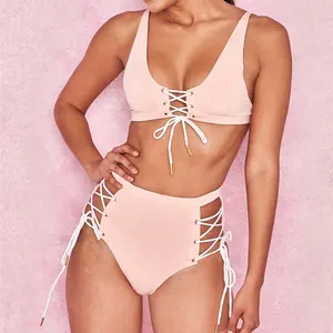 Custom Design High Quality Two Side Drawstring Adjusted Bottom Women Sexy Top Pink Recycled Bikini Swimwear String Swimsuit Set