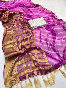 Jaigri — chemisier de travail en mousseline de soie, saree en soie, avec bordure en jacquard, cravate Leheriya n colorant avec glands en palette, sequin - Product Image 4