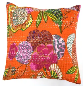 Funda de cojín de Kantha, bordado hecho a mano, naranja, estampado floral indio, arte decorativo étnico para el hogar, 16 x