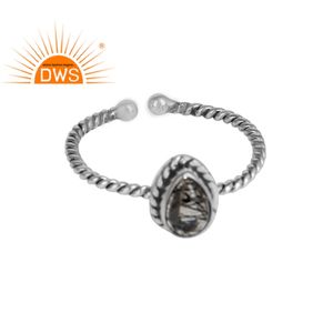 Anillo de Boda de Plata de Ley 925 Oxidada con Gema de Rutilo Negro en Forma de Pera, Diseño Moderno - Product Image 1