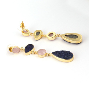 ต่างหูแบบห้อยทำมือชุบทอง/เงิน,เครื่องประดับแฟชั่นโมราสีชมพูและน้ำตาล Druzy - Product Image 4