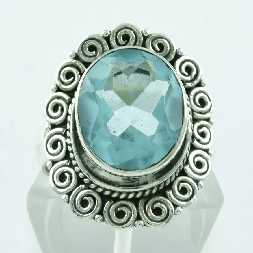 רויאל מראה יפה כחול טופז אבן בעבודת יד 925 טבעת כסף סיטונאי הודו