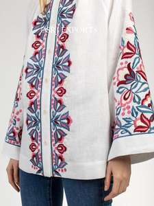 Chemisier brodé en lin naturel pour femme, haut élégant et décontracté, à manches longues, col rond, nouvelle collection - Product Image 4