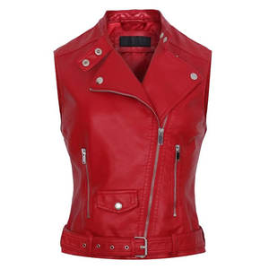 Chaleco de cuero rojo 100% para mujer, estilo de cremallera frontal, decoración de piel de talla grande para uso exterior, disponible en venta al por mayor - Product Image 1