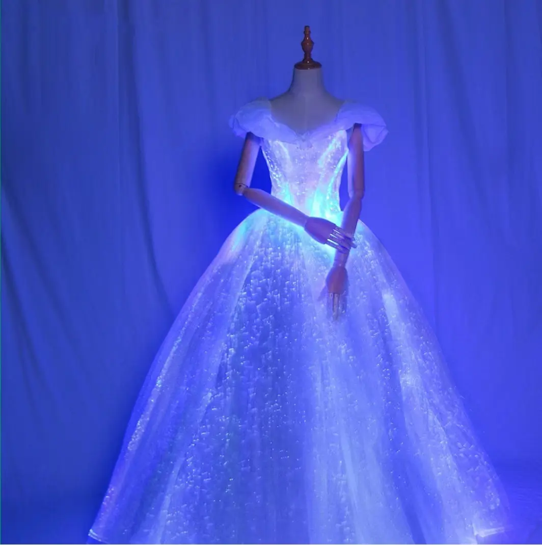 Çok renkli Led parlayan optik Fiber düğün elbisesi Paramount resmi elbise parlayan karanlık parti olay için