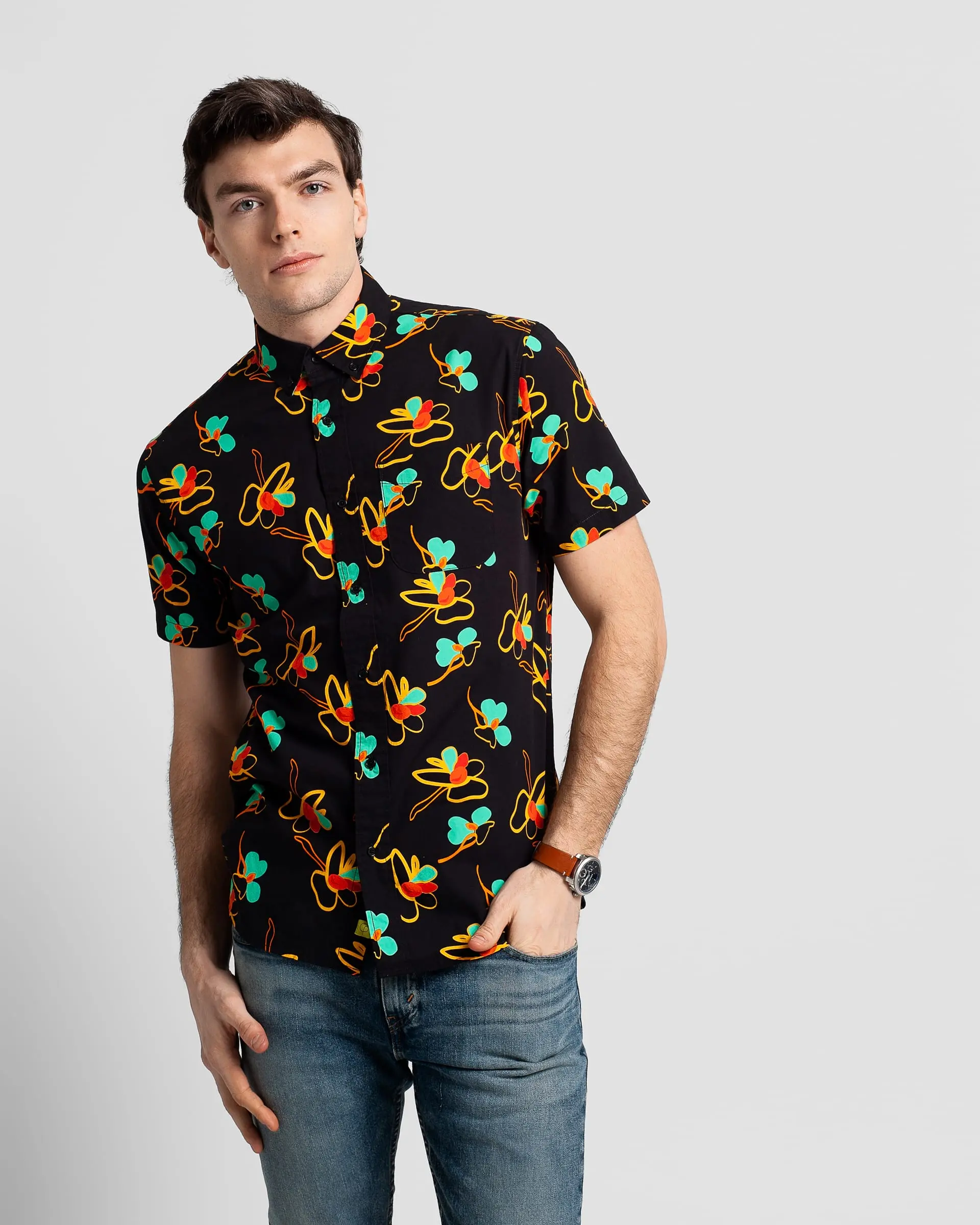 Custom Printing Customize Short Sleeve Shirt for Men Formal Casual Shirts OEM 100% Cotton Shirt Animal Pattern Satin Fabric L/C