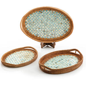 High Quality Decorative Oval Shape Rattan with Mother of Pearl MOP Serving Trays From Vietnam - Product Image 5