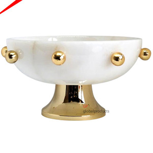 Luxury <b>White</b> Metal Round <b>Serving</b> <b>Bowl</b> with Golden Decorative Flower Base - Product Image 3