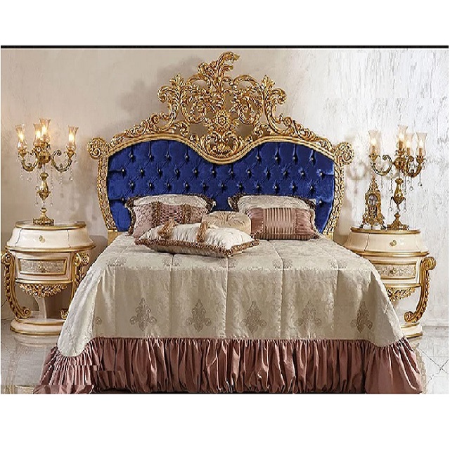 Blue King Size Bed - French Baroque Designer Gold Polished Wooden