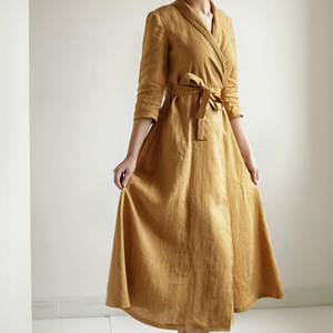 Robe de cérémonie pour femme en crêpe de lin pur couleur dorée, col en V, manches longues, respirante, longueur genou, nouvelle arrivée pour les fêtes - Product Image 4