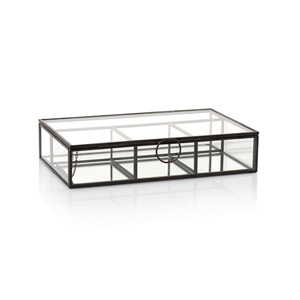 Caja rectangular de vidrio para joyas con marco de metal negro y asa de anillo para almacenamiento - Product Image 1