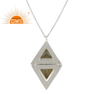 Collar de plata fina de Ley 925 con diseño de doble triángulo, joyería al por mayor, cadena de gemas de labradorita, proveedor de joyería - Product Image 1
