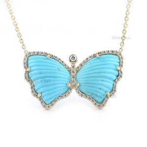 Sólido 14K oro blanco natural turquesa diamante mariposa colgante collar al por mayor fabricante joyería proveedor - Product Image 5