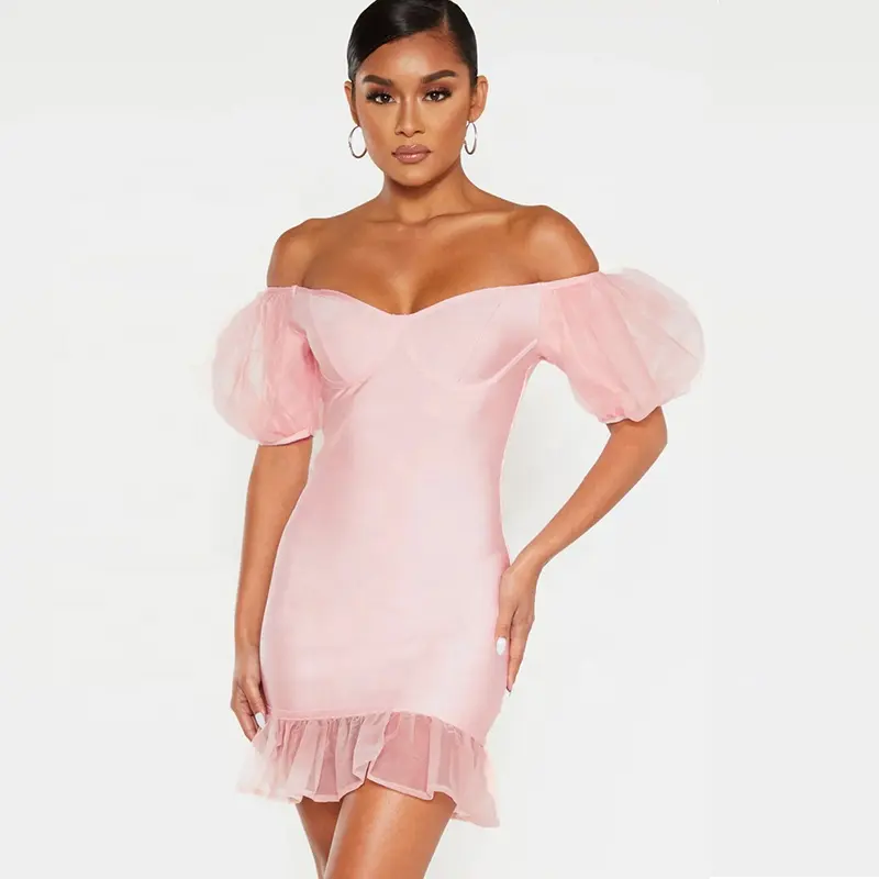 Factory price light pink organza short puff sleeve chiffon ruffle off shoulder mini sexy bodycon party bandage dress