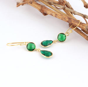 Personnalisé femmes mode larme boucles d'oreilles goutte à facettes Aqua Quartz poire Double pierre plaqué or lunette réglage bijoux - Product Image 4