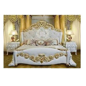 Royal Style <b>King</b> <b>Size</b> <b>Bed</b> & Side Tables Modern Golden Carved <b>Bed</b> for Bedroom Stunning <b>White</b> Finish <b>Bed</b> With Side Stools - Product Image 1