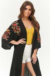 Chaqueta Kimono Bordada Floral Negra Personalizada para Mujer, Invierno 2021, Cárdigan Kimono Bordado de Manga Larga - Product Image 5