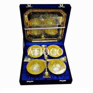 Latest Design Gold-Plated Brass Dry Fruit Bowl Set Embossed Logo Velvet <b>Box</b> for Corporate Serving Corporate Gifts - Product Image 1