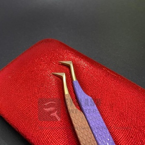 Pince à épiler d'extension de cils de volume russe de type L durable couleur pêche enduit acier inoxydable diamant poignée fibre cils - Product Image 3