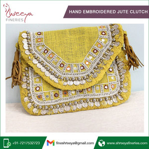 Hermoso indio hecho a mano estilo Vintage algodón espejo trabajo bordado yute moneda embrague al por mayor - Product Image 6