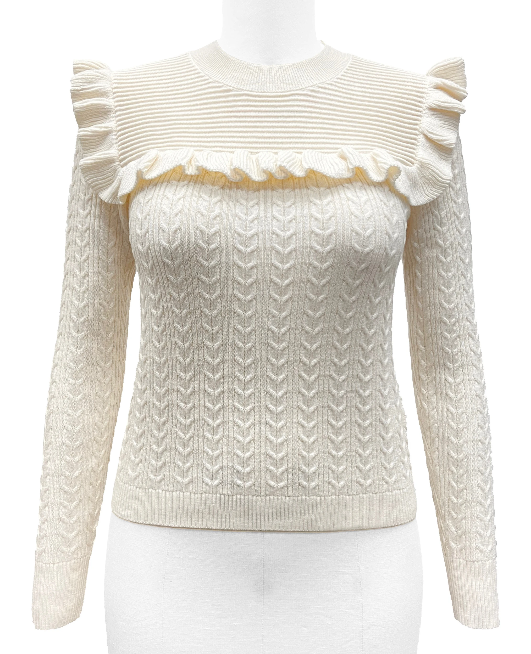 Women's Winter Knitted Pullover Thin Crew Neck Sweater Ruffles ELEGANT Style Acrylic Merino Wool Quick-Dry Breathable