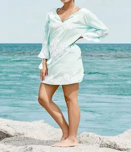 Hot & Sexy Boho Chic Anpassen Indische Bestickte Frauen Tunika Premium Qualität Sommer Cool Cotton Beach Cover Up Kurzes Kleid