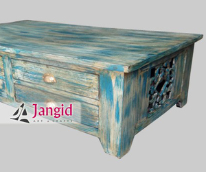 Mesa de centro de madera azul envejecida con cuatro cajones, hecha a mano, para conjunto de sofá, casa de campo, hotel - Product Image 4