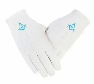 共济会共济会棉手套，白色，带T。蓝色SC & G符号刺绣手套