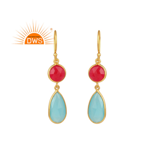 Boucles d'oreilles pendantes artisanales en argent sterling, pierres précieuses de calcédoine aqua et rose, fournisseur de bijoux - Product Image 1