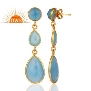 Blue Chalcedony Gemstone Earrings Wholesale <b>Gold</b> Plated Jewelry Handmade 925 Silver Bezel <b>Set</b> Drop Earrings - Product Image 3