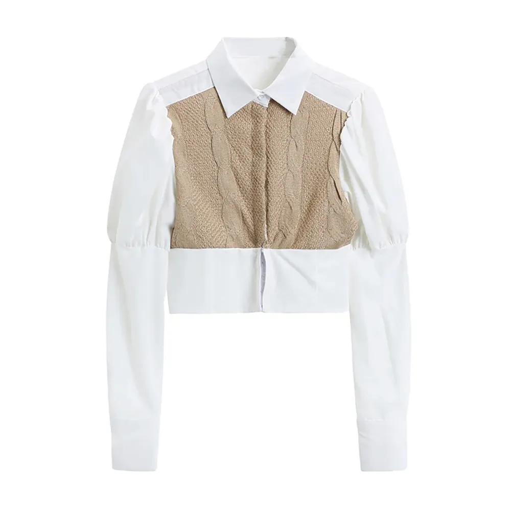 2023 primavera conexão cropped blusa feminina patchwork, peça única de manga comprida, camisa curta coreana, tops.