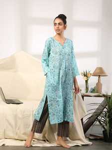 Robe de nuit pour femmes imprimée à la main, kurta en coton à manches longues, pyjama long, pantalon, haut imprimé à la main, robe de plage - Product Image 3