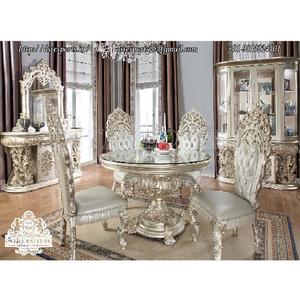 Juego de mesa de comedor redonda de plata tallada de lujo, conjunto de comedor de estilo redondo Vintage con diamantes, mesa de comedor redonda de plata tallada de lujo - Product Image 1