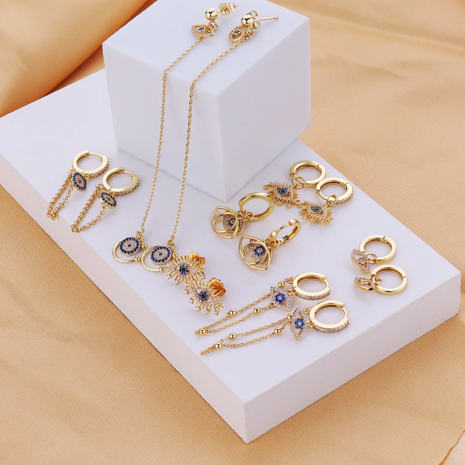 Trendy Zircon Brass Diamond Heart Cross Earrings Star hamsa Evil Eye Chain Charm Earrings Drop Dangle Earrings For Women