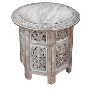 Table d'appoint en bois de manguier sculpté, table ronde en bois, support octogonal, table basse en bois la plus vendue pour la décoration intérieure - Product Image 2