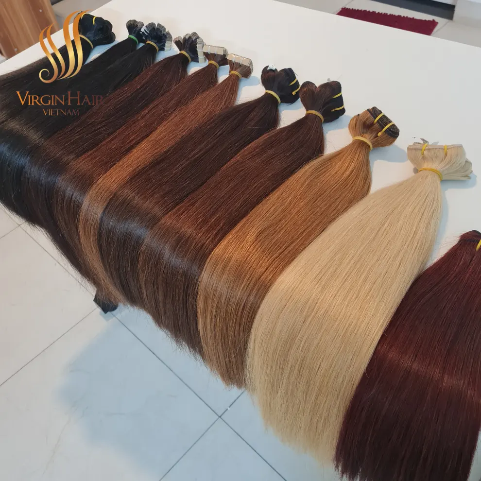 Extensiones de Cabello vietnamita liso, pelo virgen 100%, cinta de Color sedoso y suave