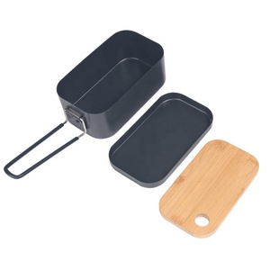 Camping Box Aluminum Camping Lunch Box With Non Stick Coating Non Stick Survival Bento Lunch Box With Bamboo Cutting Board