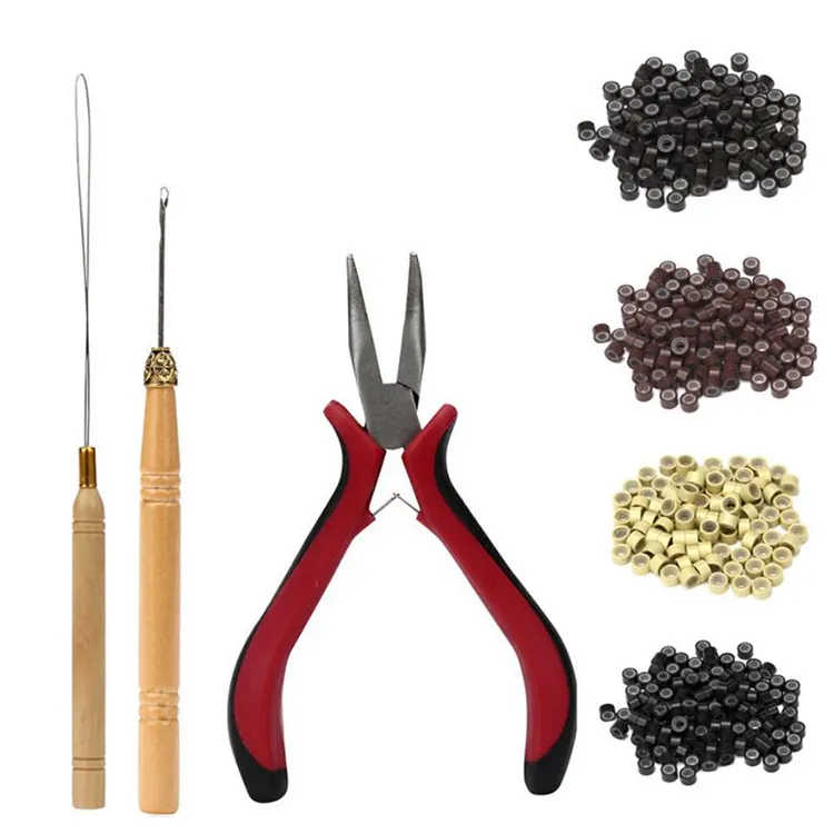 Hair Extension Tools Kit Pliers Pulling Hook Bead Device Tool Kits with 200 Pieces 5mm Silicone Lined Micro Rings