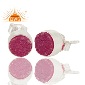 Boucles d'oreilles à clous en argent 925, boucles d'oreilles rondes en pierre précieuse, druse rose, fabricant de bijoux fins, vente en gros - Product Image 2