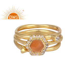 Indian Classic Collection Zircon Peach <b>Moonstone</b> Set Ring Yellow Gold Plated Jewelry Wholesale 925 Sterling Silver Designer Ring - Product Image 1