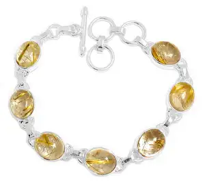 新系列金色花式椭圆形切割金红石独特925纯银天然宝石精品珠宝手链手工制作