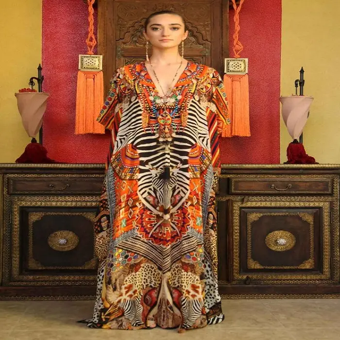 Váy Kaftan Dài Độc Quyền Kaftan In Kỹ Thuật Số Kaftan, Trang Trí Pha Lê Đến Cổ Chữ V