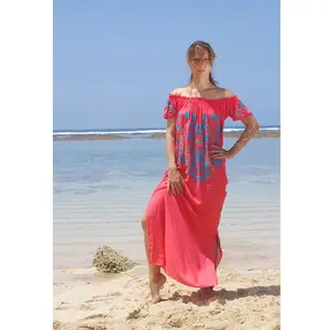 Fashionable Trend Bright Shades Off Shoulder Side Long Slit Boho Embroidered Long Maxi Dress Wholesale Women Apparel Beach Long
