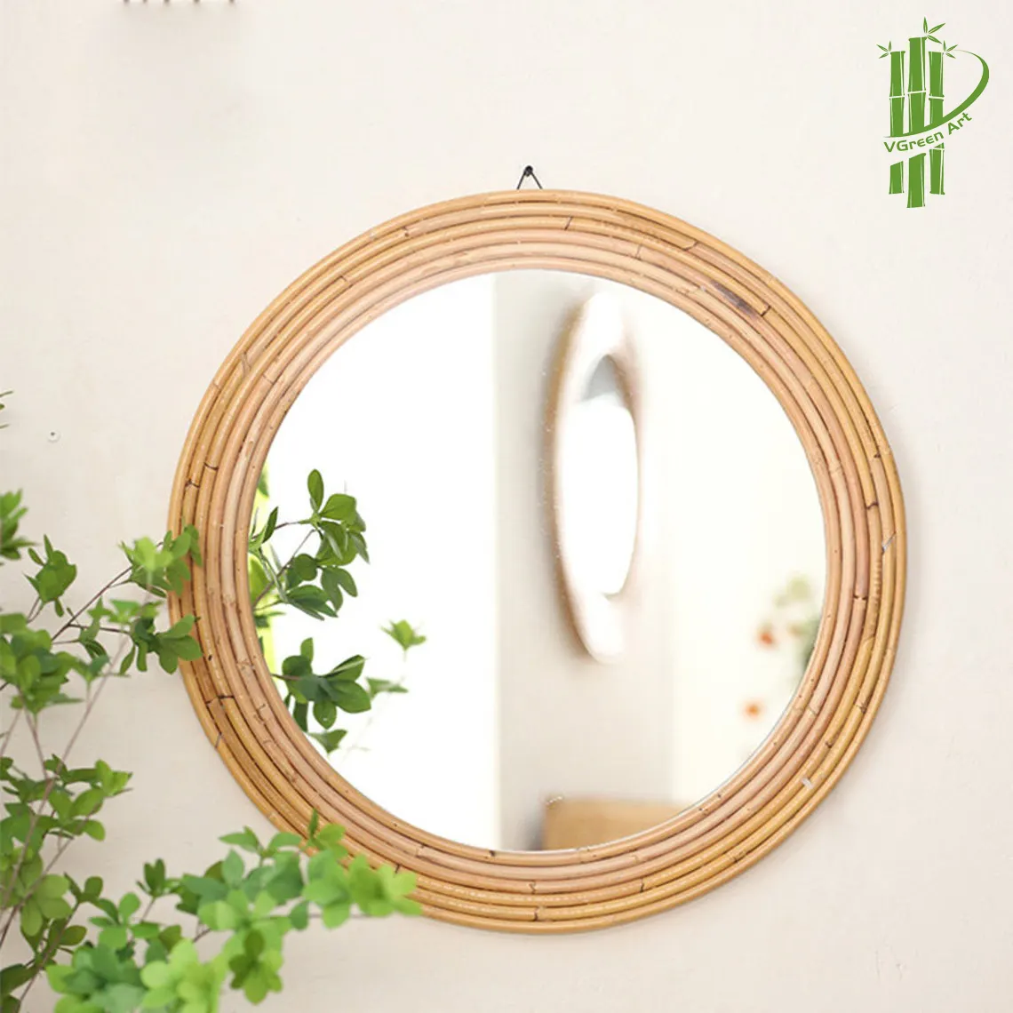 Groothandel Fabriek Directe Verkoop Decoratie Ingelijst Cirkel Ronde Spiegel Met Bamboe Rotan Frame Decoratieve Muur Spiegel Decor