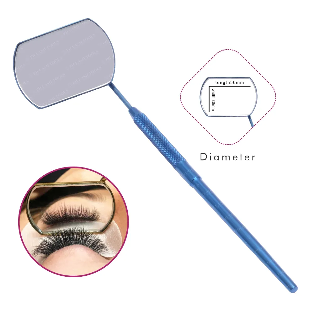 Blue Eyelash Rectangular and Round Mirrors with Stainless Steel Handle Width 30mm x Length 50mm, Wholesale Eyelash Mirror