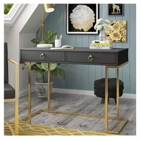 Table de toilette en marbre à deux tiroirs avec miroir en métal, finition bois massif noir et or, pour chambre, salon ou extérieur