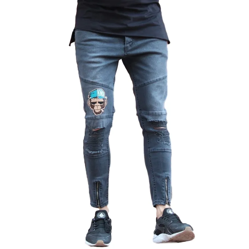 Slim Fit 100% Denim Cotton Jeans With Ripped Monkey Embroidered Dark Blue Men New Trend of 2022 Wholesale Offer