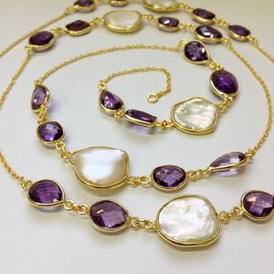 Everyday Wear 925 Sterling Silver <b>Gold</b> Plated Amethyst Cut and Baroque Pearl 90 cms. <b>Long</b> <b>Chain</b> <b>Necklace</b> - Product Image 4