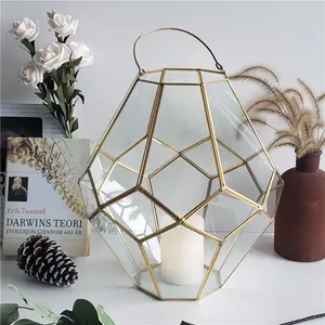 Home Decorative Geometric Glass Lantern Brass glass candle stick holder
